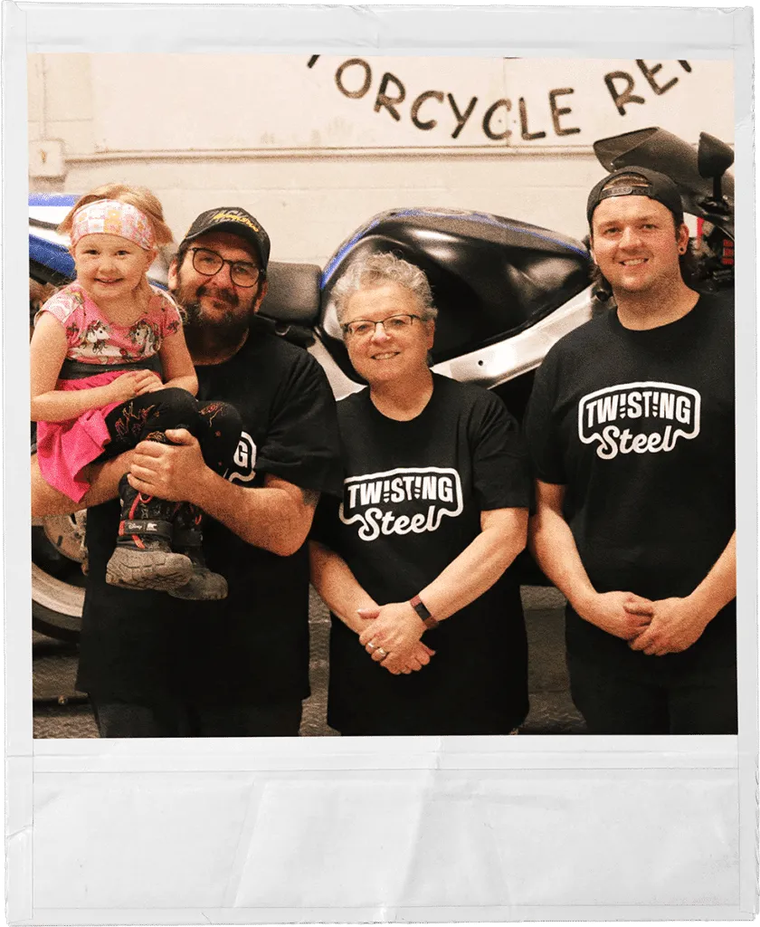 Twisting Steel Edmonton Motorcycle Repair Family Photo Polaroid